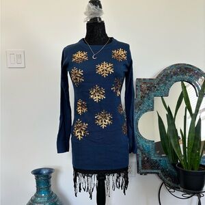 Tipsy Elves Women's Sequined Snowflake Christmas Navy and Gold Sweater Dress